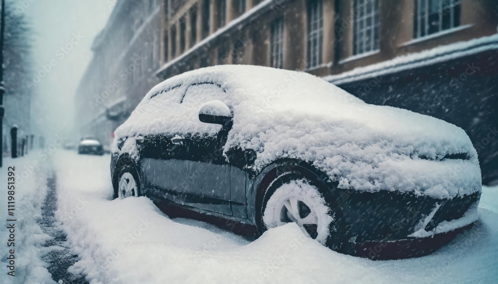 car covered in snow and parked on a snowy street car covered in snow and parked on a snowy street