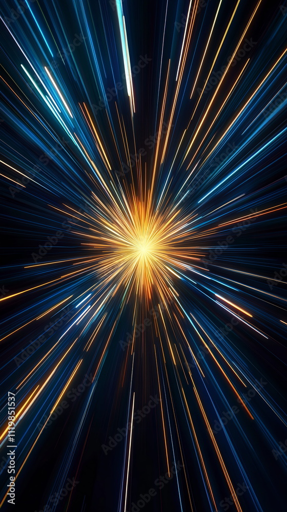 Neon starburst effect. Radiating lines in electric blue and bright yellow. Abstract energy patterns in a dark space. Vertical element for festive party, seminar talks, social media post Neon starburst effect. Radiating lines in electric blue and bright yellow. Abstract energy patterns in a dark space. Vertical element for festive party, seminar talks, social media post