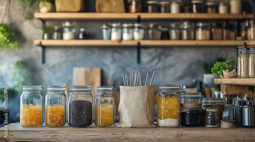 kitchen counter with several glass jars of different foods, a burlap bag, and spices on shelves