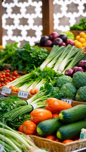 Rustic Wooden Table Display of Fresh Vegetables in a Traditional Local Market with a Variety of Organic Produce