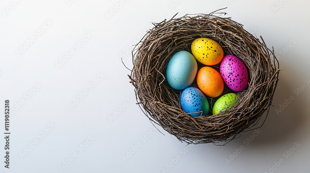small bird nest containing vibrant eggs displayed on smooth white background small bird nest containing vibrant eggs displayed on smooth white background