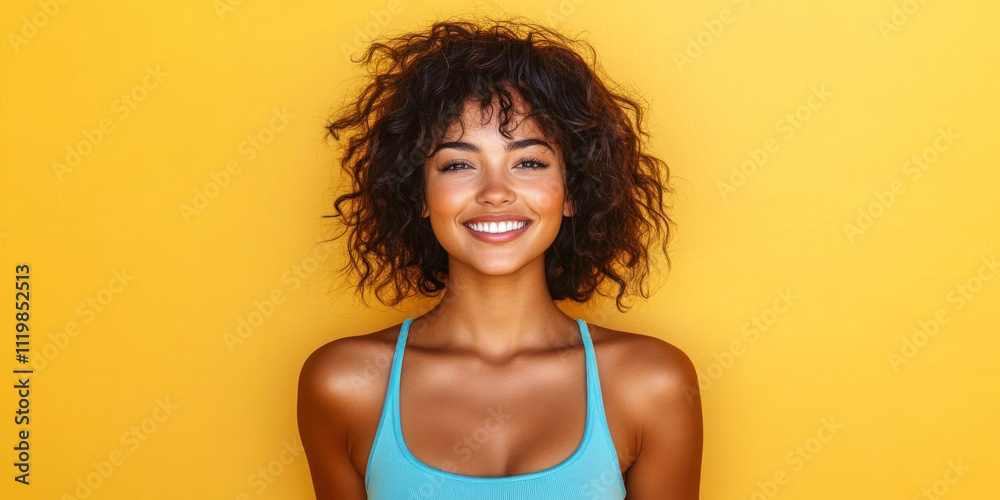 Cheerful young African American woman standing against a solid yellow background. Empowerment, happiness and self-confidence. Cheerful young African American woman standing against a solid yellow background. Empowerment, happiness and self-confidence.