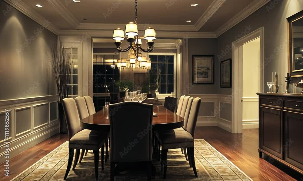 Elegant dining room with a large table, chandelier, and warm lighting creating a cozy atmosphere. Elegant dining room with a large table, chandelier, and warm lighting creating a cozy atmosphere.