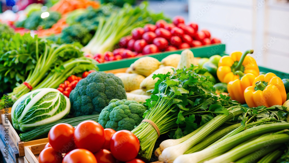 Traditional Market Scene Featuring Fresh Vegetables on Wooden Table Surrounded by Colorful Organic Produce Traditional Market Scene Featuring Fresh Vegetables on Wooden Table Surrounded by Colorful Organic Produce