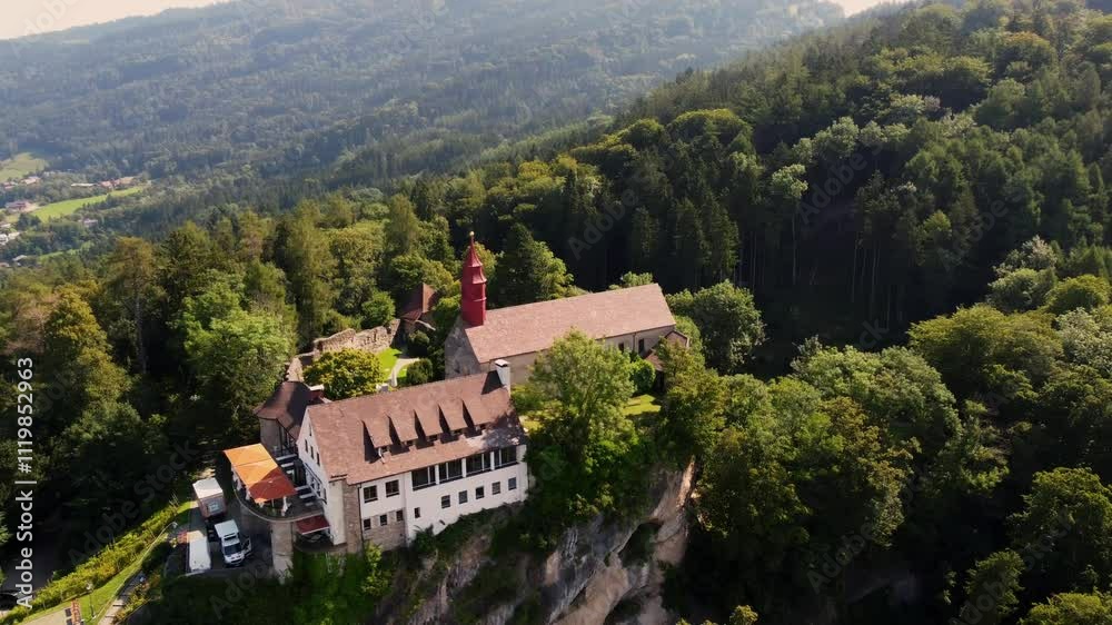 Castle, in Austria. Bregenz. From the top of this castle you have a beautiful view of the Bodensee (Lake Constance) on a sunny day. Burgrestaurant Gebhardsberg