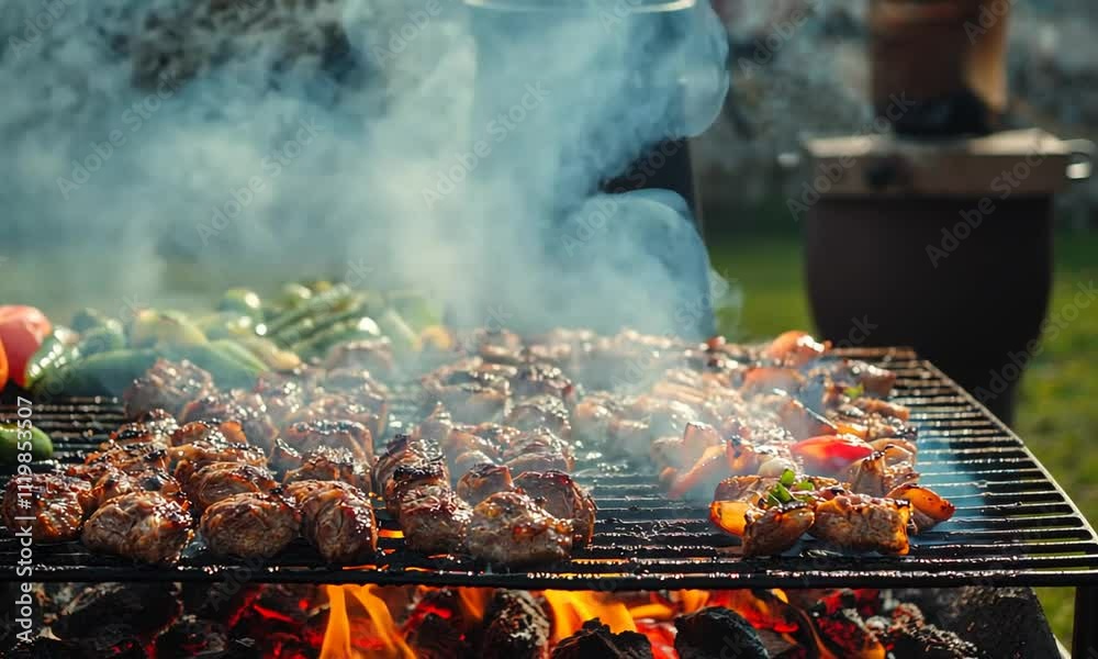 Grilled meats and vegetables over smoky flames, showcasing a barbecue scene. Grilled meats and vegetables over smoky flames, showcasing a barbecue scene.