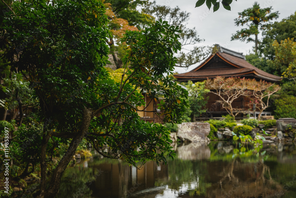 A tranquil Japanese Garden with a serene pond and traditional architecture showcasing culture