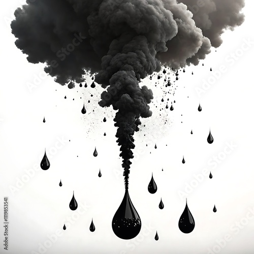 Industrial scene with dark smoke billowing from factory chimneys, forming a cloud raining black droplets onto a reflective surface. photo