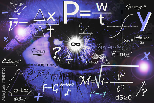 Fórmulas físicas y matemáticas con sumas, restas, divisiones, raices cuadradas, coordenadas, teorías e interrogantes con fondo de ojo morado y pupila brillante
