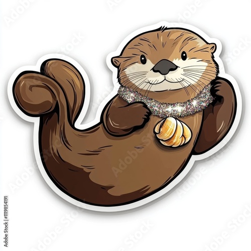 Charming otter holding shellfish coastal scene cute animal illustration playful environment vibrant viewpoint marine life concept photo