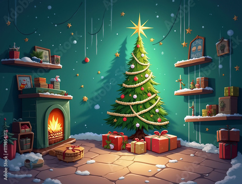 Christmas tree with toys and garlands near the fireplace in the house