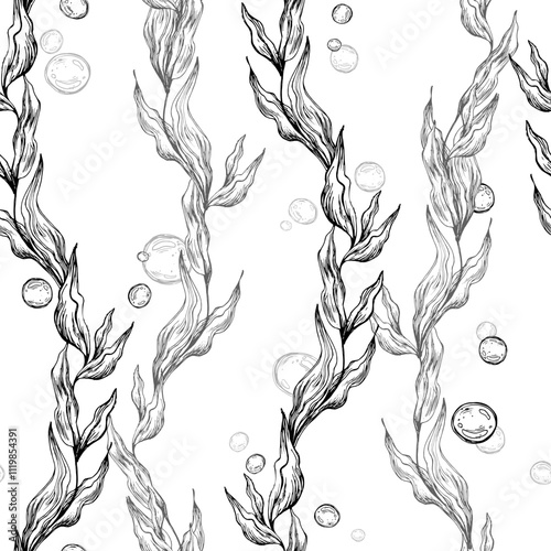 Sea blue algae with leaves wriggling in a wave with bubbles. Graphic illustration hand drawn in black ink. Seamless pattern EPS vector on a white background for fabric, textile, prints, design.