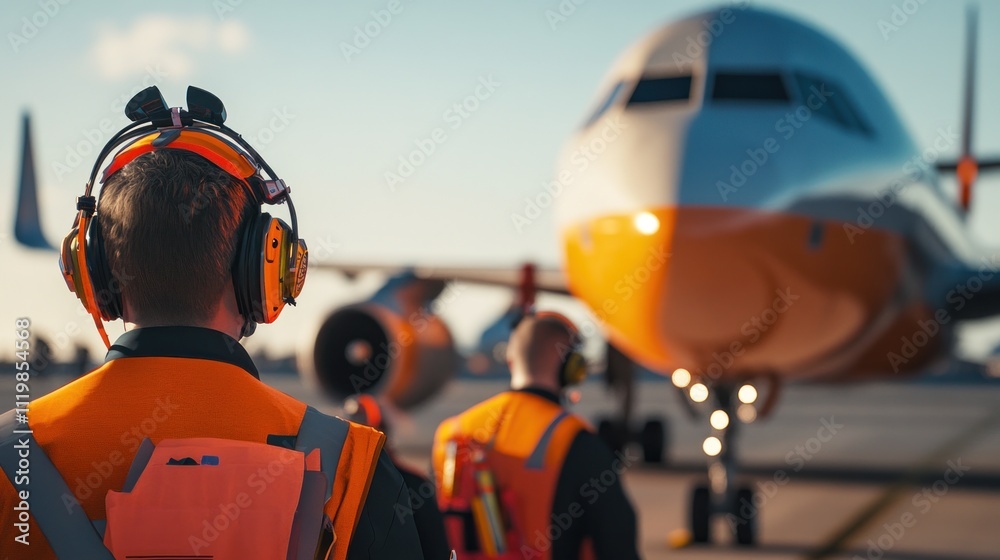 Ground crew in safety gear preparing for aircraft departure on a runway. Ground crew in safety gear preparing for aircraft departure on a runway.