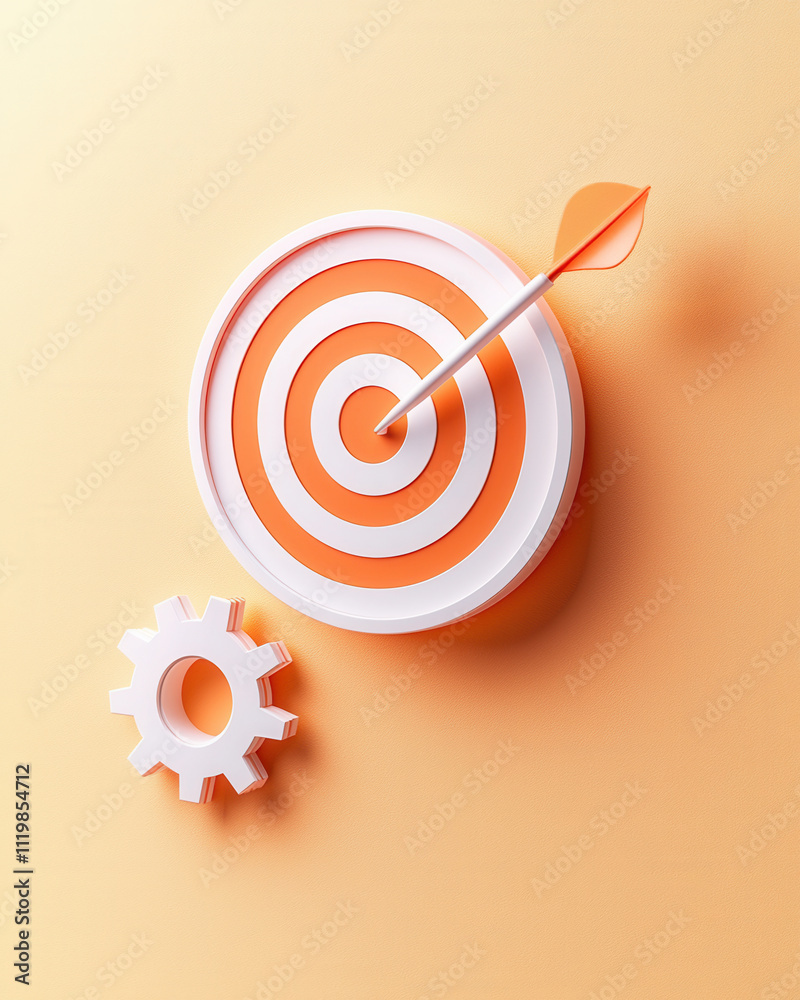 Inspiring change and personal growth concept. A target with a dart and gear on a vibrant orange background Inspiring change and personal growth concept. A target with a dart and gear on a vibrant orange background