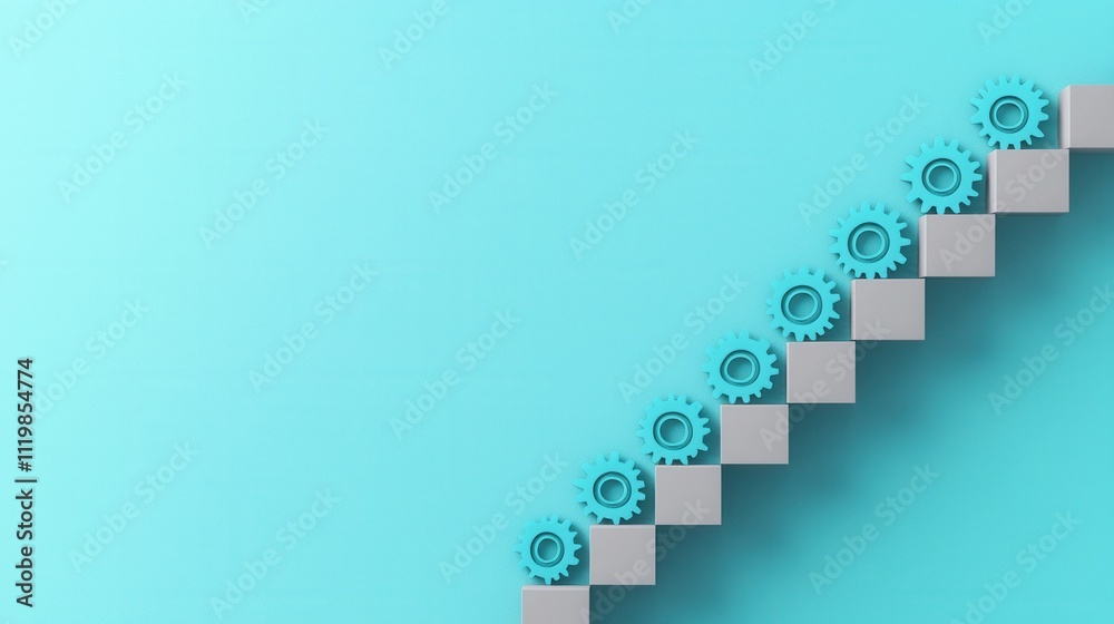 Fototapeta premium Inspiring change and personal growth concept. Abstract staircase design with gears on a pastel background