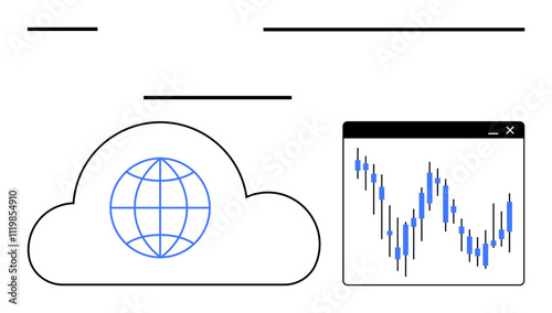 Cloud with global icon and graph in web window indicating analytics and data trends. Ideal for business, technology, data analysis, cloud computing, market research, global connectivity, IT
