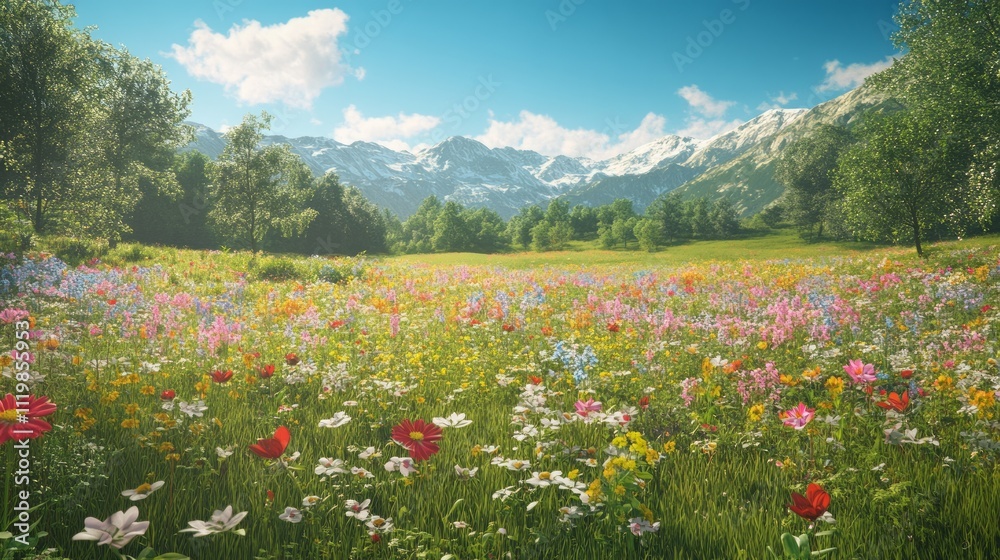 Vibrant wildflowers bloom in a sunny meadow, majestic mountains in the background. Vibrant wildflowers bloom in a sunny meadow, majestic mountains in the background.