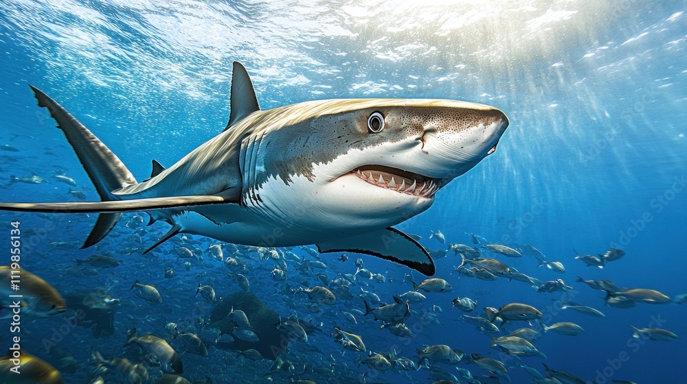 Fototapeta premium A great white shark swims in the ocean, surrounded by smaller fish. Sunlight shines from above.