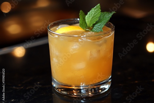 A Glass of Iced Tea with Lemon and Mint on a Black Surface