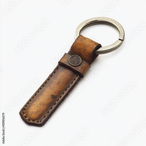 Vintage leather keychain on a white isolated background. photo