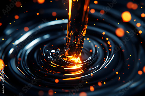 Glowing liquid pouring into dark surface, creating swirling patterns and sparks. photo