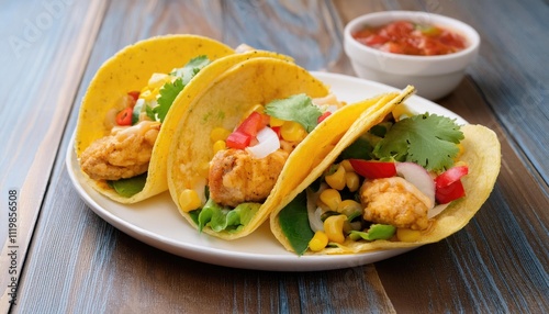 chicken street corn tacos with veggies and salsa