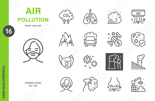 Air Pollution Line Icons Set. Vector Outline Collection of Environmental Hazards, Health Issues, and Contamination Symbols. Air Pollution Isolated and Editable Pictograms. 