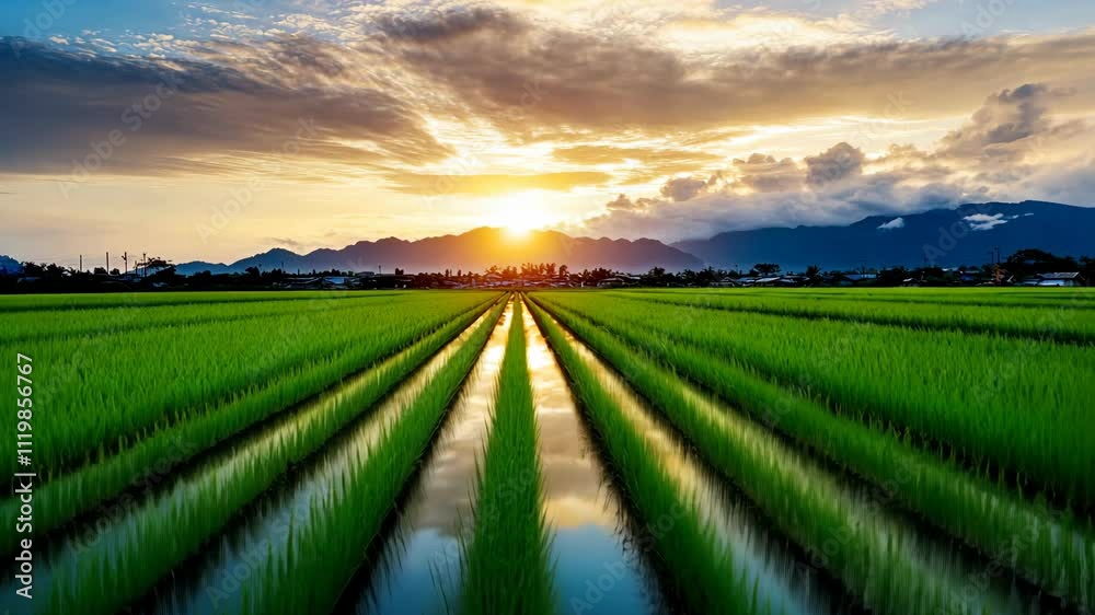 Expansive rice fields reflect sunset glow with mountains in the background Expansive rice fields reflect sunset glow with mountains in the background