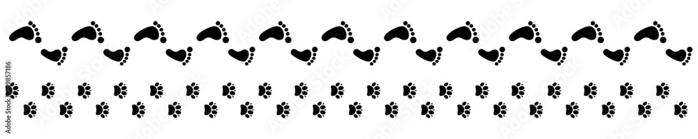 Imprint human and paw animal icons on white background. Trace footprint humans and paw prints dog in vector design Imprint human and paw animal icons on white background. Trace footprint humans and paw prints dog in vector design