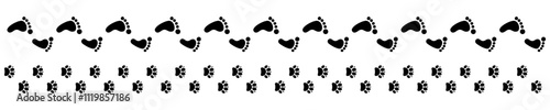 Imprint human and paw animal icons on white background. Trace footprint humans and paw prints dog in vector design