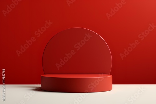 A minimalist red display setup featuring a circular backdrop and a round platform.