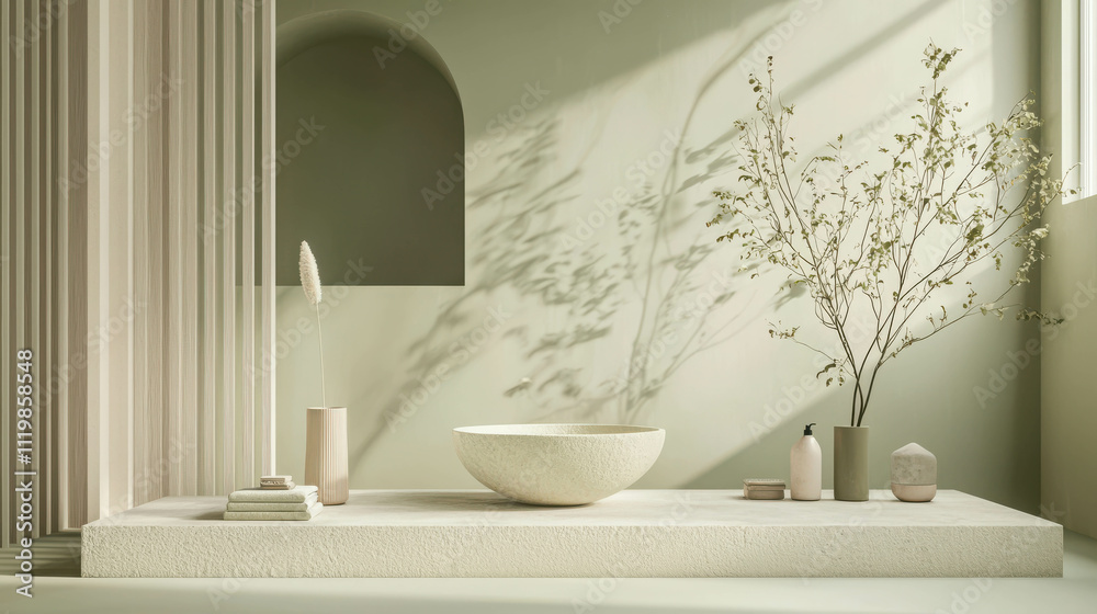 Minimalist Bathroom Decor with Natural Elements and Soft Lighting in Serene Atmosphere Minimalist Bathroom Decor with Natural Elements and Soft Lighting in Serene Atmosphere