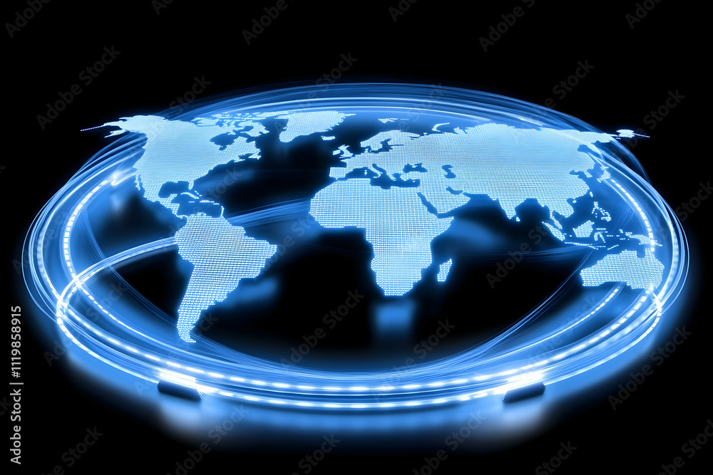Glowing world map with circular light trails, representing global connectivity and technology. Glowing world map with circular light trails, representing global connectivity and technology.
