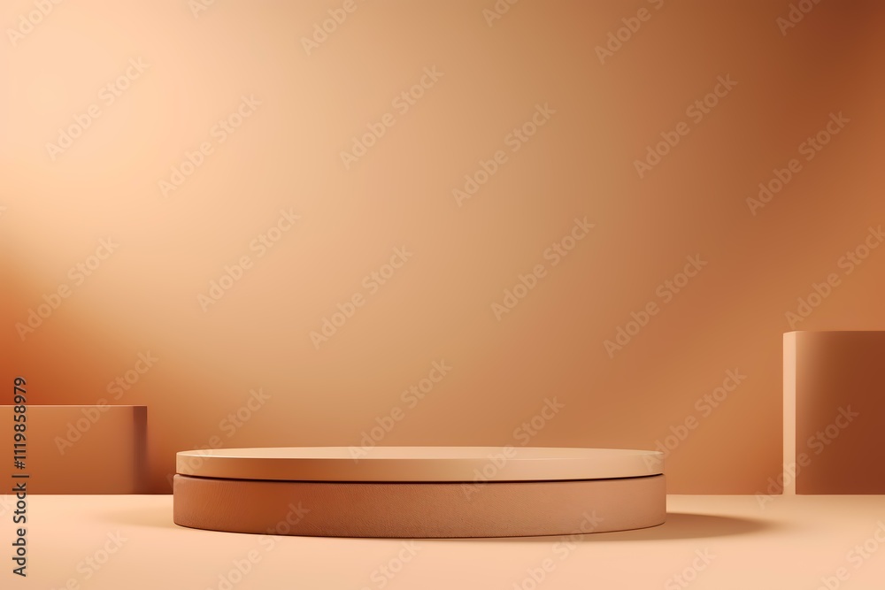 A minimalist scene featuring a circular platform and geometric shapes in warm tones. A minimalist scene featuring a circular platform and geometric shapes in warm tones.
