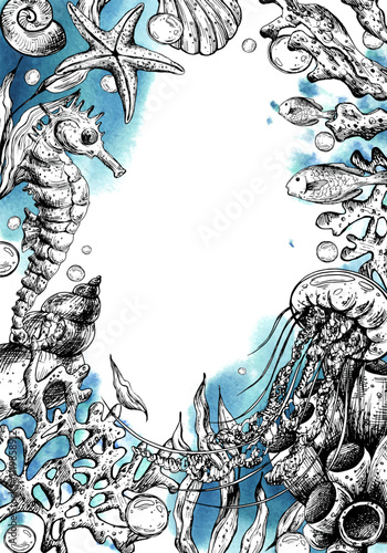 Sea animals, seahorse, jellyfish, seaweed, coral, sponge, starfish, shells, fish and bubbles. Graphic illustration hand drawn in black ink. Vertical rectangular frame template postcard