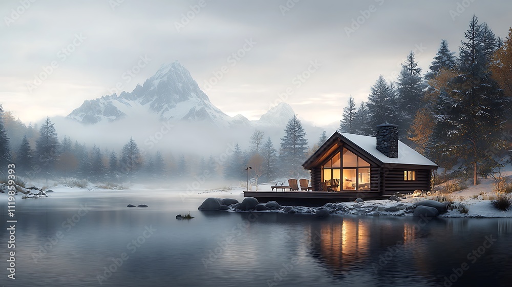 Fototapeta premium A close-up of a rustic wooden cabin in the mountains, with a stone chimney, large wooden beams, and a cozy porch with rocking chairs, surrounded by snow-covered trees and a clear winter sky, 