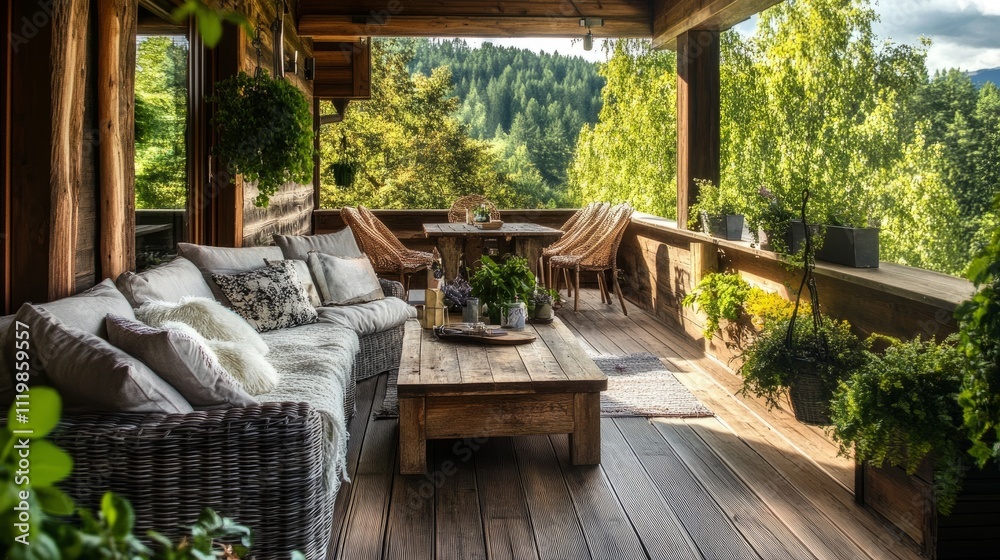 A beautiful outdoor balcony with cozy sofas, a wooden table, chairs, and green plants, creating a peaceful space to enjoy nature and fresh air A beautiful outdoor balcony with cozy sofas, a wooden table, chairs, and green plants, creating a peaceful space to enjoy nature and fresh air