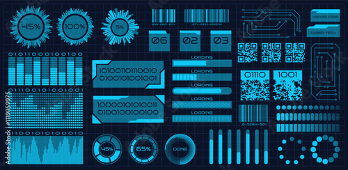 Tech board. Technology frame infographic. Futuristic HUD. Computer loading. Graphic future modern. Cyberspace shape. Cyberpunk dashboard chart. Neon QR-code. Vector abstract garish UI elements set