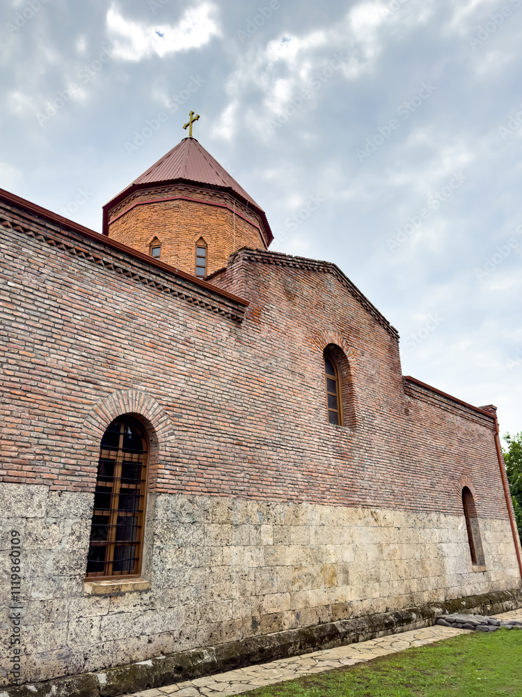 Fototapeta premium Ancient Caucasian Albanian Bulun Temple of Blessed Virgin Mary in Azerbaijan, Qabala region, August 2024