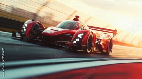 Vibrant Red Open-Wheel Racing Car at High Speed on Silverstone Track: Intense Motion Blur, Sharp Carbon Fiber Details, and Golden Hour Lighting. Photorealistic Cinematic Style.