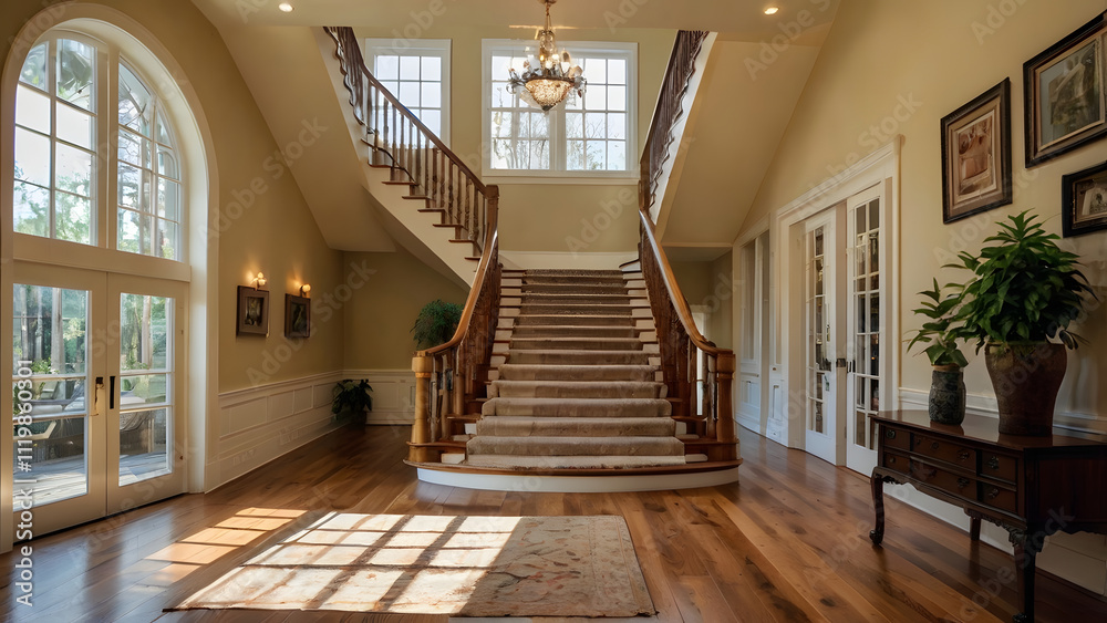 A close up of a staircase leading to a second floor, wide grand staircase A close up of a staircase leading to a second floor, wide grand staircase