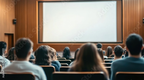 A large audience sits in a lecture hall facing a blank screen, waiting for a presentation to begin.