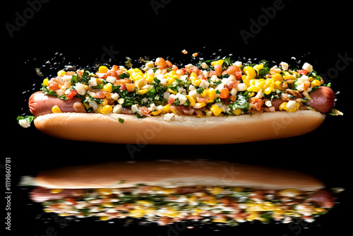 Gourmet hot dog with corn, bacon, and herbs, flying against a black background. photo