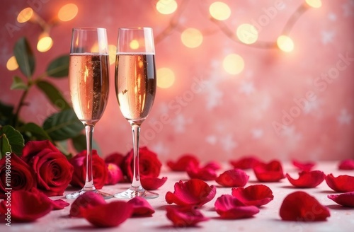 Two elegant champagne glasses arranged with pink petals on a table