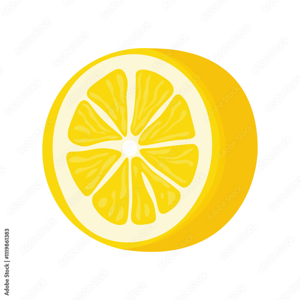 Lemon slice. Yellow sliced ripe citrus fruit, half of fresh organic natural sour ingredient flat style, cartoon healthy diet food. Vector illustration isolated on white background Lemon slice. Yellow sliced ripe citrus fruit, half of fresh organic natural sour ingredient flat style, cartoon healthy diet food. Vector illustration isolated on white background