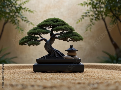 peaceful zen garden with circular sand ripples 