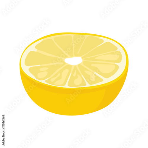 Lemon slice. Cartoon fresh citrus fruit half with pulp and peel, ripe yellow cut lemon, organic vegetarian food flat style. Vector illustration isolated on white background