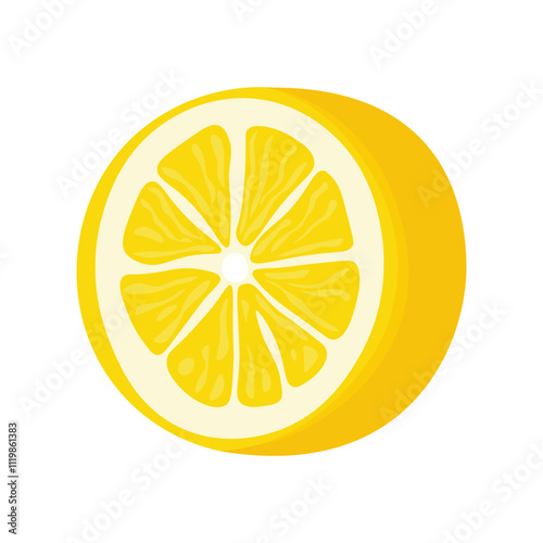 Lemon slice. Yellow sliced ripe citrus fruit, half of fresh organic natural sour ingredient flat style, cartoon healthy diet food. Vector illustration isolated on white background