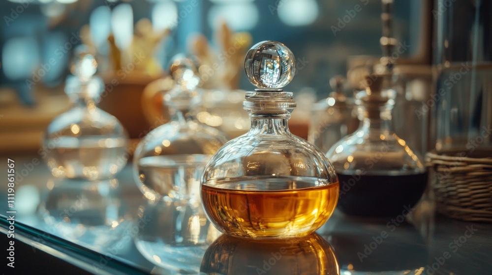 Elegant glass bottles of oil and liquids in soft light Elegant glass bottles of oil and liquids in soft light