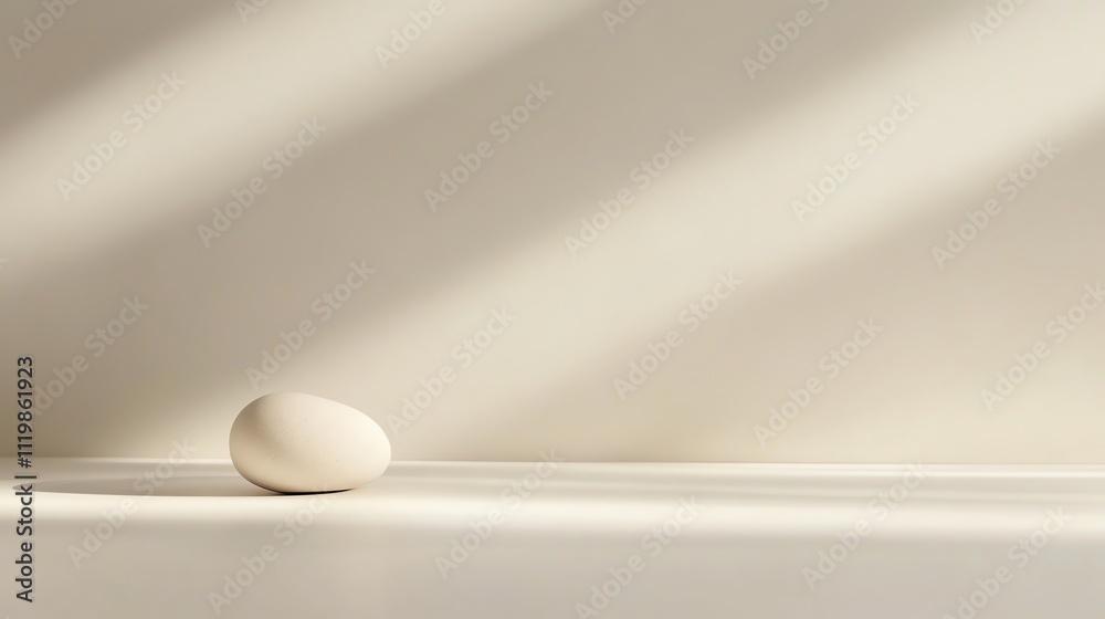 A single white orb sitting on a white surface with light shining through the window behind it. A single white orb sitting on a white surface with light shining through the window behind it.